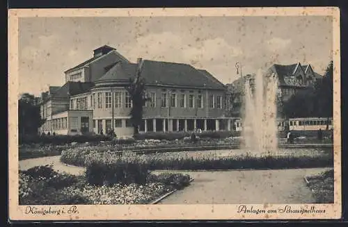AK Königsberg i. Pr., Anlagen am Schauspielhaus, mit Strassenbahn, Springbrunnen
