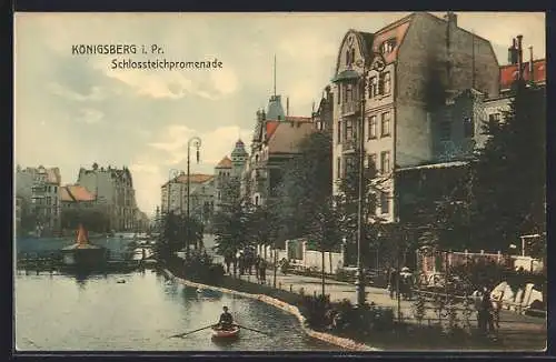 AK Königsberg i. Pr., Schlossteichpromenade mit Ruderboot