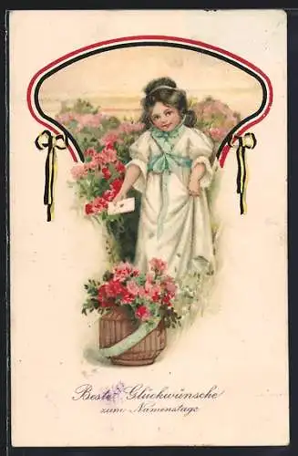 Künstler-AK Mädchen mit Blumen und Brief, Rahmen in den Farben des Zweibundes