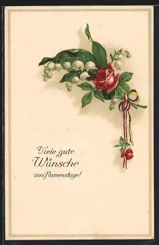 Künstler-AK Rose und Schneeglöckchen mit Schleife in Farben der Reichsfahne und Österreichischen Fahne