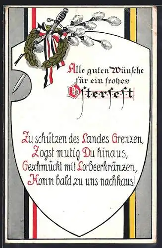 Künstler-AK Alle guten Wünsche für ein frohes Osterfest, Wappen mit Gedicht, Fahnen des Zweibundes
