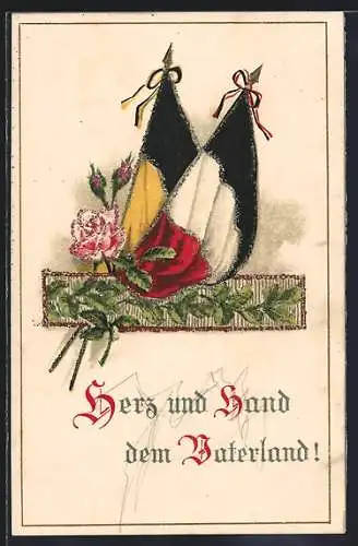 AK Fahnen des Zweibunds mit Rosen, Herz und Hand dem Vaterland