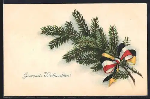 Künstler-AK Tannenzweig mit Schleife der Reichsfahne und Österreichischen Fahne