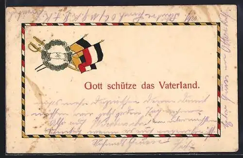 Künstler-AK Gott schütze das Vaterland, Reichsfahne und Österreichische Fahne, Zweibund
