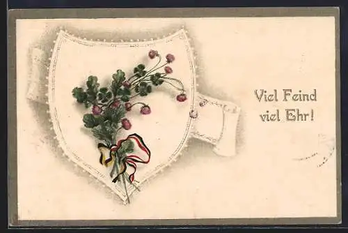 Künstler-AK Kleeblätter und -blüten mit Eichenlaub und Farben des Zweibundes