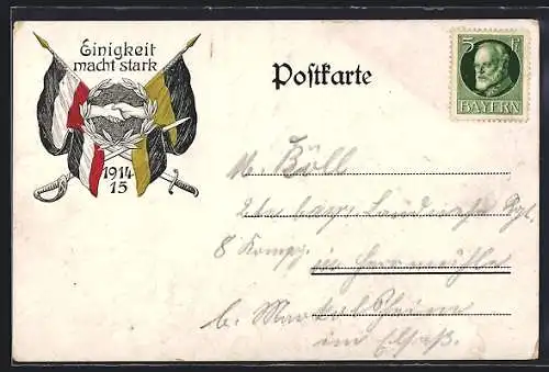 Künstler-AK Fahnen des Zweibundes und Handschlag, Einigkeit macht stark