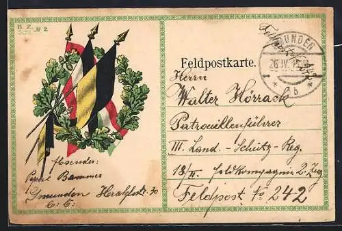 Künstler-AK Eichenkranz mit Fahnen des Zweibundes