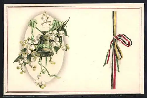 Künstler-AK Schneeglöckchen, Kleeblätter und eine Glocke mit Schleifen in Farben des Zweibundes