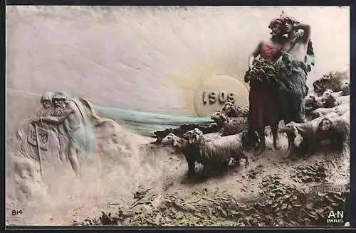 Künstler-AK Domenico Mastroianni: Altes und junges Hirtenpaar mit Schafen, Jahreswechsel 1908/1909
