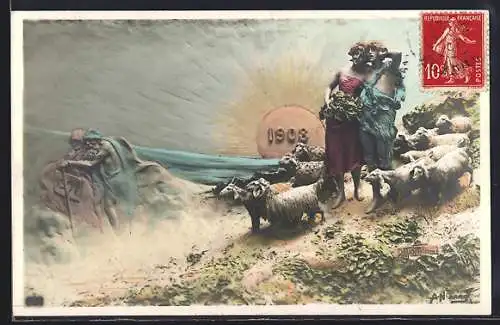 AK Hirten mit einer Herde und Jahreszahl, Jahr 1908
