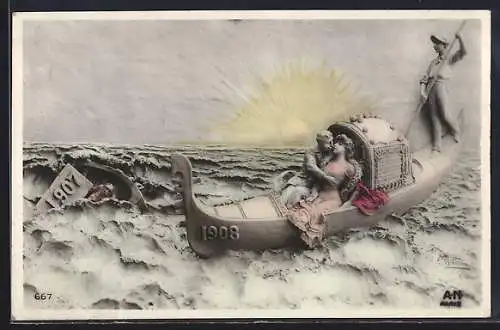 Künstler-AK Domenico Mastroianni: Gekentertes Boot u. junges Paar in einer Gondel auf dem Meer, Jahreswechsel 1907/1908