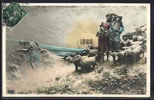 AK Hirten mit einer Herde und Jahreszahl, Jahr 1908