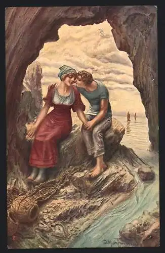 Künstler-AK Domenico Mastroianni: Pesca d`amore, Liebesfang, Fischerpaar in der Höhle am Strand