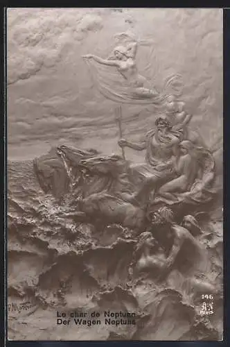 Künstler-AK Domenico Mastroianni: Der Wagen Neptuns, Frau mit nackten Brüsten schwebt in den Wolken