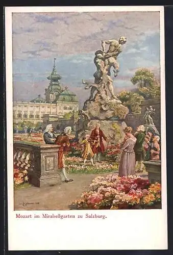 Künstler-AK Salzburg, Mozart im Mirabellgarten