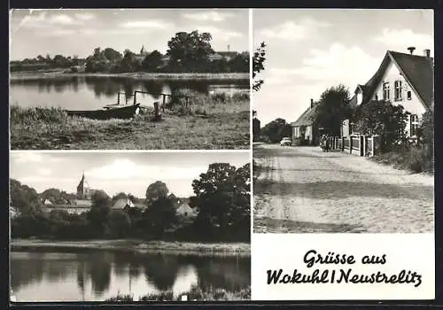 AK Wokuhl, Strassenpartie im Ort und Blick auf den See