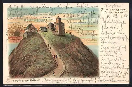 Sonnenschein-Lithographie Schneekoppenhäuser mit Weg hinauf auf der Schneekoppe