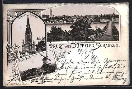 Lithographie Sonderburg, Düppeler Schanzen, Pontonbrücke vor dem Ort, Düppel-Denkmal