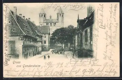AK Bad Gandersheim, Strassenansicht mit Kirche und Personen