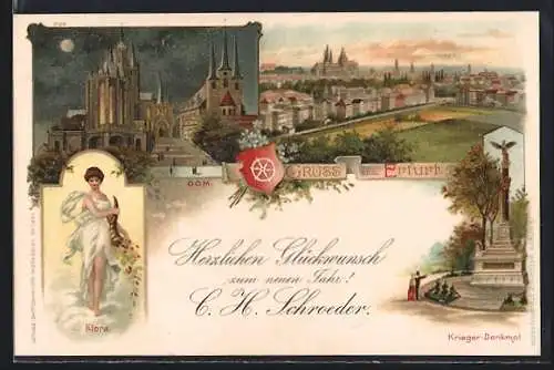 Lithographie Erfurt, Dom, Krieger Denkmal, Ortsansicht