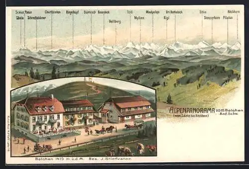 Lithographie Belchen, Gasthof Belchenhaus aus der Vogelschau, Alpenpanorama mit Rigi, Titlis und Pilatus
