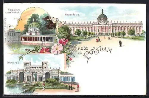 Lithographie Potsdam, Mausoleum Kaiser friedrich III., Neues Palais, Orangerie