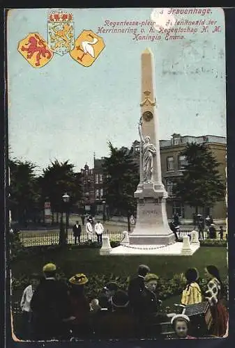 AK s`Gravenhage, Regentesse-plein Gedenknaald ter Herrinnering v. h. Regentschap H. M. Koningin Emma