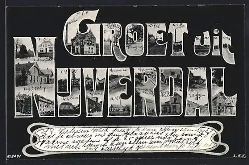AK Nijverdal, Schrieftzug Groet uit Nijverdal mit Fabrik, Strassenpartie und Ortspartie