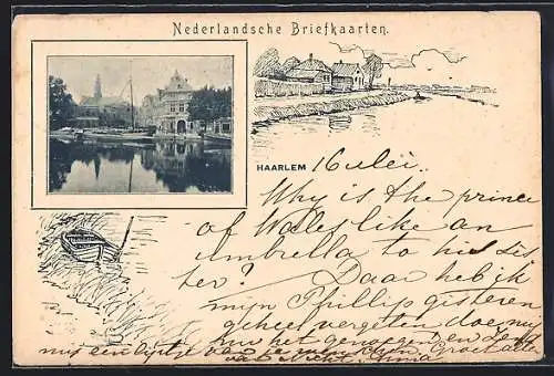 AK Haarlem, Hafenpartie im Passepartout mit Flusslandschaft