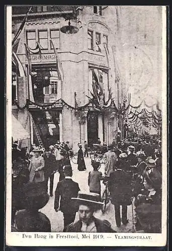 AK Den Haag, Vlamingstraat in Feesttooi 1909