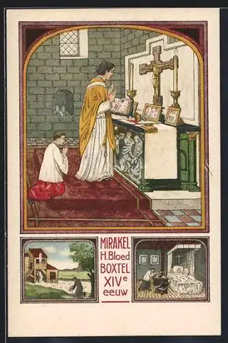 Künstler-AK Boxtel, Mirakel H. Bloed, Geistliche am Altar, Mönch im Garten