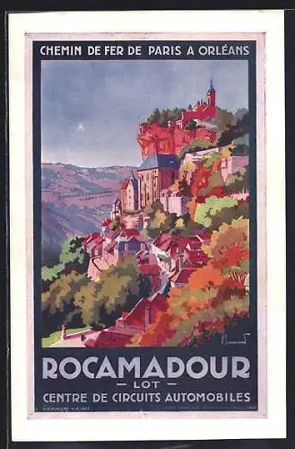 Künstler-AK Rocamadour, Ortspanorama mit Schloss