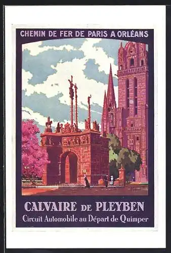 Künstler-AK Calvaire de Pleyben, Circuit Automobile au Départ de Quimper, Chemin de Fer de Paris a Orléans
