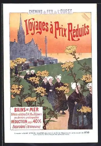 AK Chemins de Fer de l`Ouest, Frauen in Trachten vor einer Kirche, Eisenbahn-Reklame