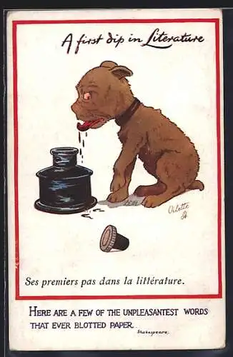 AK Hund trinkt aus Tintenfass, Schreibfaul
