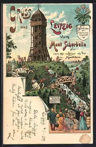 Lithographie Leipzig, Menschentreiben auf dem Mont Georgi