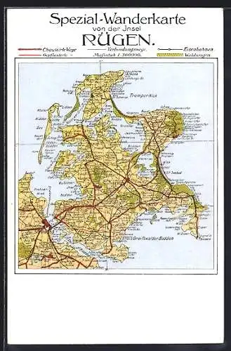 Künstler-AK Rügen, Landkarte mit Bergen, Stralsund und Tromper Wiek