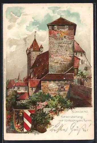 Lithographie Nürnberg, Kaiserstallung mit Fünfeckigem Turm, mit Wappen