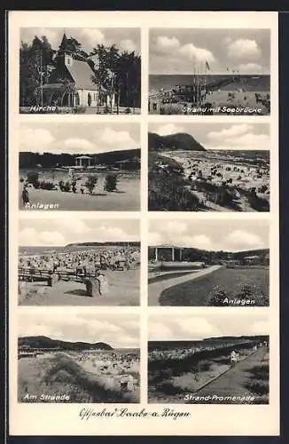 AK Baabe a. Rügen, Ostseebad, Strand mit Seebrücke, Anlagen, Kirche