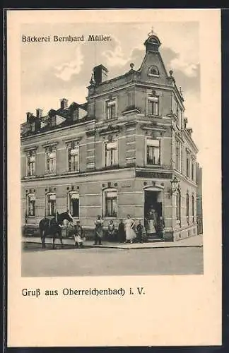 AK Oberreichenbach i. V., Bäckerei Bernhard Müller mit Betreibern und Kutschpferd, Strassenansicht