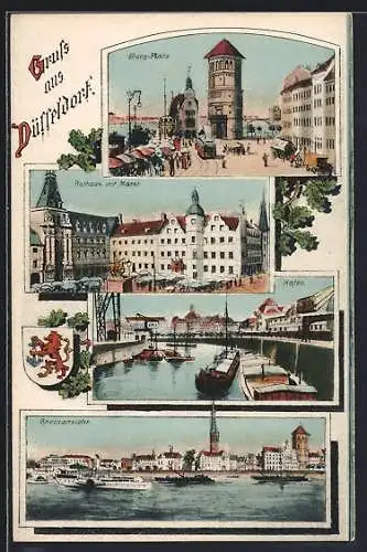 AK Düsseldorf, Burg-Platz, Rathaus mit Markt, Hafen
