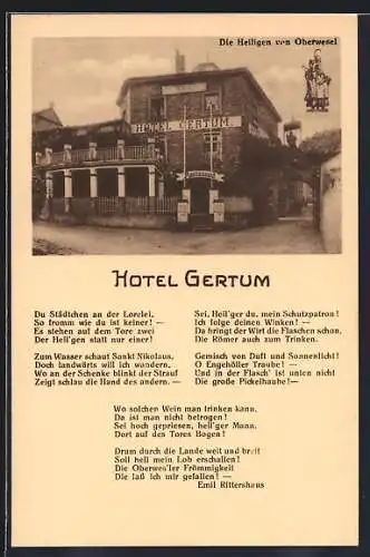 AK Oberwesel, Hotel Gertum, Spruch Die Heiligen von Oberwesel von Emil Ritterhaus