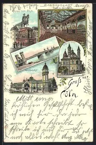 Lithographie Cöln, Monument Friedr. Wilh. III., Hauptbahnhof und Eisenbahnbrücke