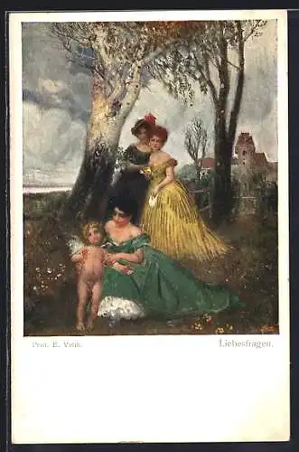 Künstler-AK Brüder Kohn (B.K.W.I) Nr.: 1013, Liebesfragen, Amor trifft Frauen unterm Baum, Prof. E. Veith