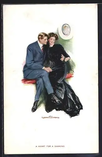 Künstler-AK Clarence F. Underwood: Elegantes Liebespaar an einer Bank