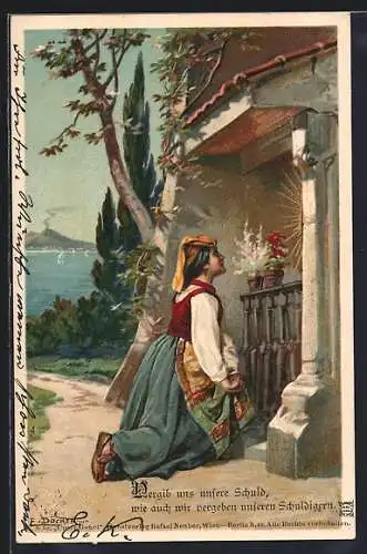 Künstler-AK E. Döcker: Unser Gebet - Junge Frau kniet und betet Vergib uns unsere Schuld wie auch wir ....