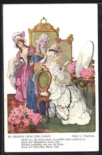 Künstler-AK T. Welzl: Frauen Liebe und Leben, Frau putzt sich vor dem Spiegel heraus