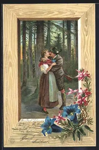 Künstler-AK E. Döcker: Umarmung im Wald bei untergehender Sonne, Enzianblüten