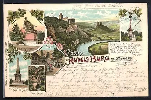 Lithographie Saaleck / Rudelsburg, Rudels-Burg, Bismarck-Denkmal