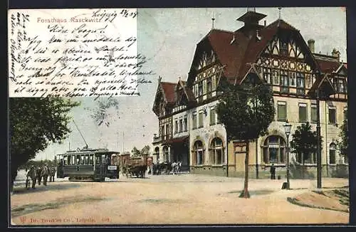 Lithographie Raschwitz, Strassenbahn am Forsthaus